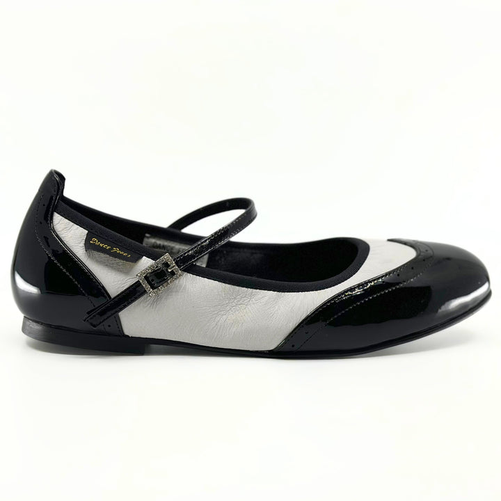 Premium Ladies Rock and Roll/Swing Mary Jane Dance Flats In Black Patent and white Leather 