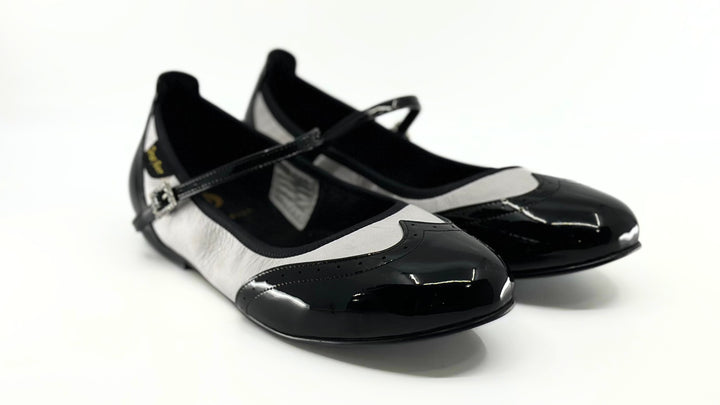 Premium Ladies Rock and Roll/Swing Mary Jane Dance Flats In Black Patent and white Leather 