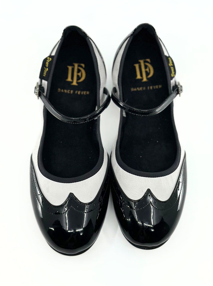 Premium Ladies Rock and Roll/Swing Mary Jane Dance Flats In Black Patent and white Leather 