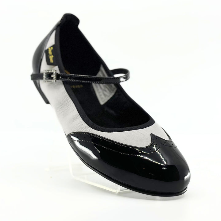 Premium Ladies Rock and Roll/Swing Mary Jane Dance Flats In Black Patent and white Leather 