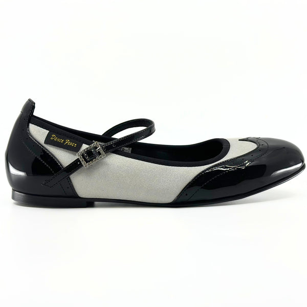 Premium Ladies Rock and Roll/Swing Dance Flats In Black Patent Leather And Silver Sparkle With Polished Ultra Flexible Rubber Sole 