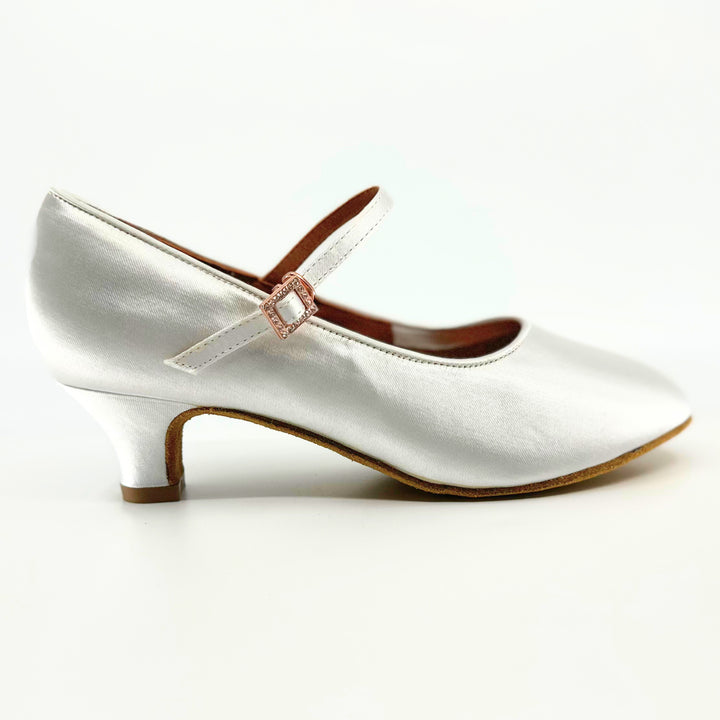 Premium juvenile girl's white silk satin ballroom dance shoes in 1.5 inch junior heel 