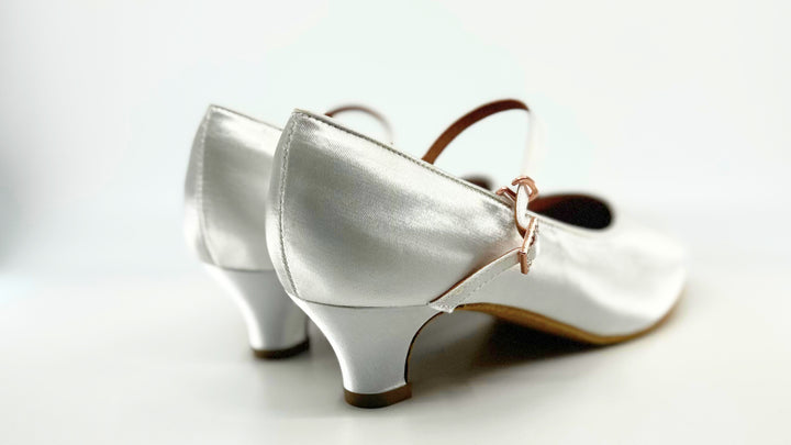 Premium juvenile girl's white silk satin ballroom dance shoes in 1.5 inch junior heel 