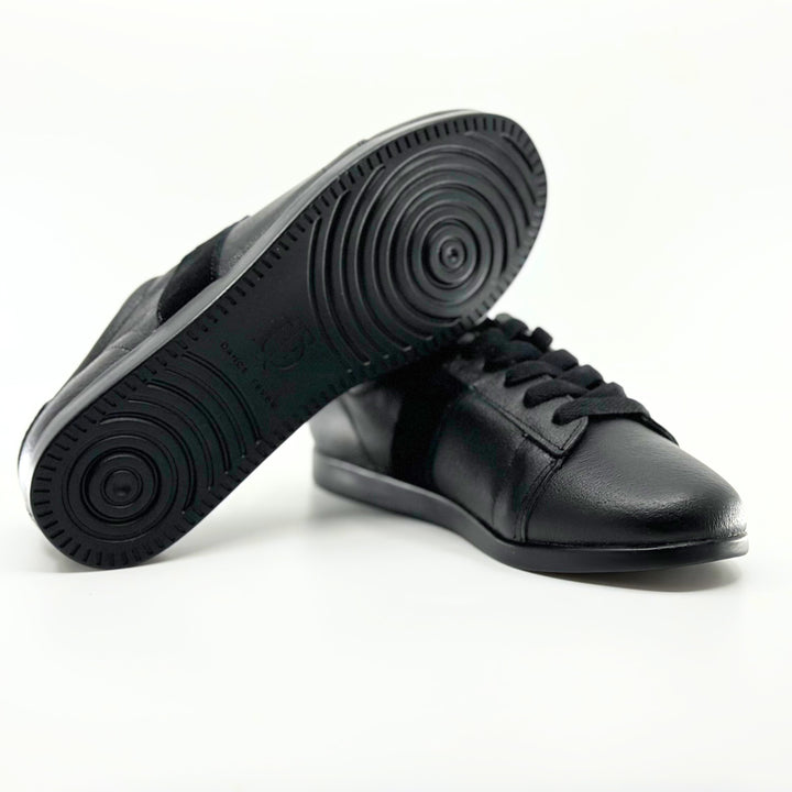 Women premium black leather dance sneaker with raised dual pivot spots