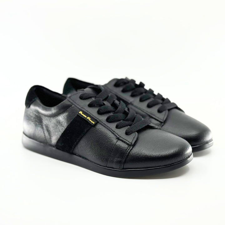 Women premium black leather dance sneaker with raised dual pivot spots