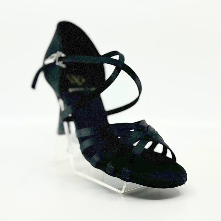 high performance Ladies latin dance sandal in black with 2.5 inch flared heel and 2 ways trap system 