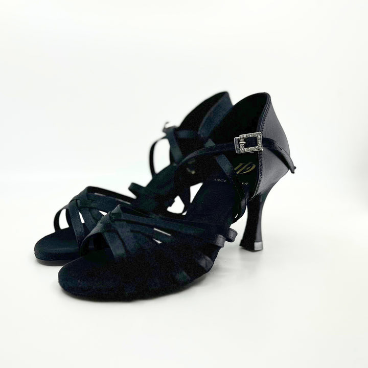 high performance Ladies latin dance sandal in black with 2.5 inch flared heel and 2 ways trap system 