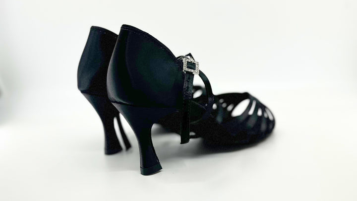 high performance Ladies latin dance sandal in black with 2.5 inch flared heel and 2 ways trap system 