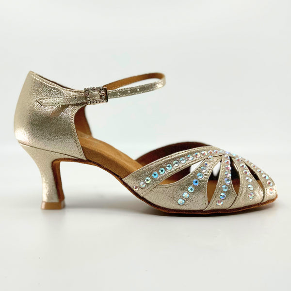 Premium ladies high performance dance sandal in shimmer gold with ab rhinestone in 2.25 inch flared heel 