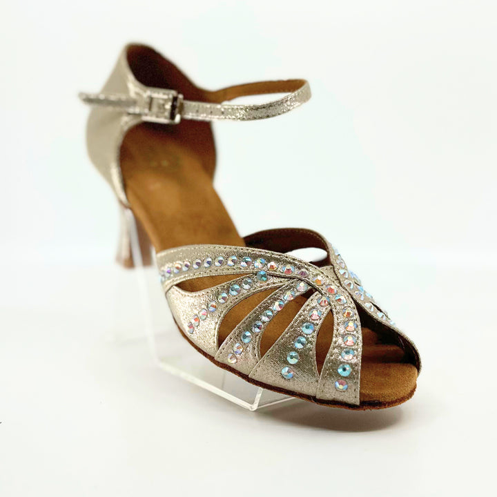 Premium ladies high performance dance sandal in shimmer gold with ab rhinestone in 2.25 inch flared heel 