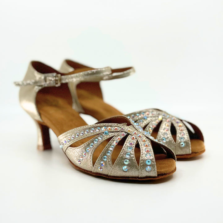 Premium ladies high performance dance sandal in shimmer gold with ab rhinestone in 2.25 inch flared heel 