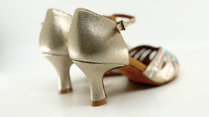 Premium ladies high performance dance sandal in shimmer gold with ab rhinestone in 2.25 inch flared heel 