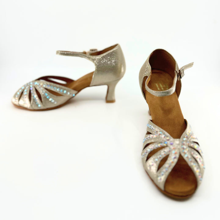 Premium ladies high performance dance sandal in shimmer gold with ab rhinestone in 2.25 inch flared heel 