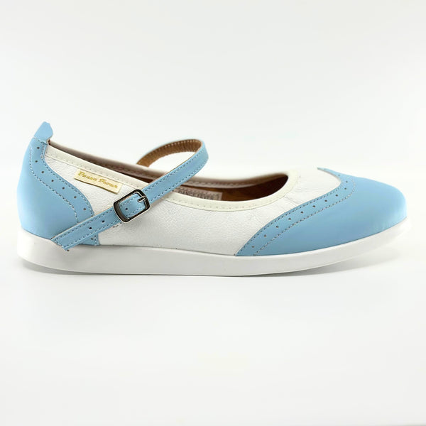 7820BLU - Ladies, Classic, Mary Jane, Wingtip, In Pale Blue And White Leather With Dual Pivot Point, Spin Spot And Ultra Flexible, Smooth Sole Dance Shoe